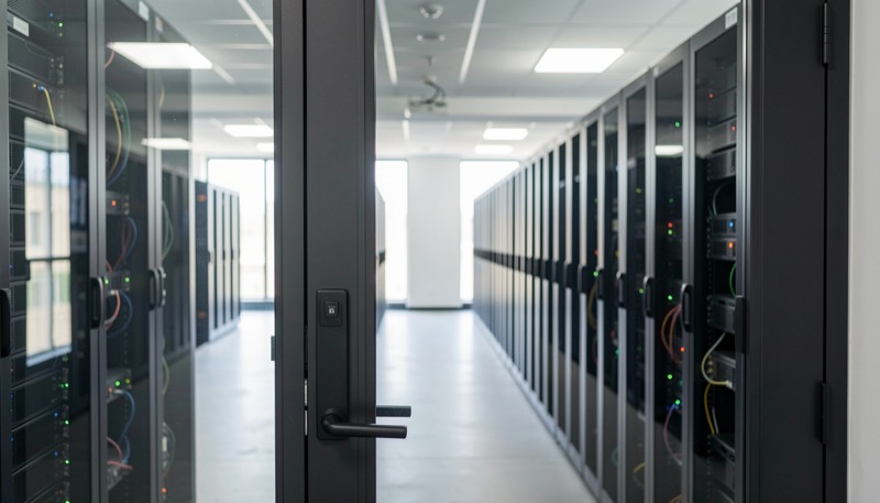 Moderna sala server con file di rack visti attraverso una porta a vetro