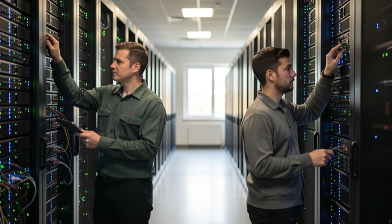 Due tecnici controllano server con spie lampeggianti in un data center