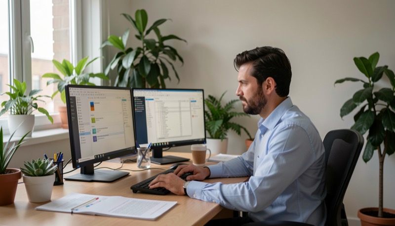 Specialista di database al lavoro con due monitor in un ufficio tranquillo