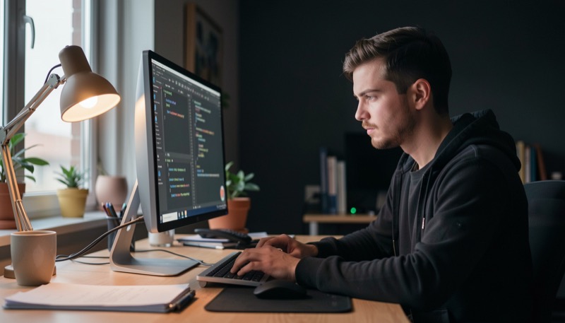 Programmatore concentrato davanti a un grande monitor in un ufficio buio