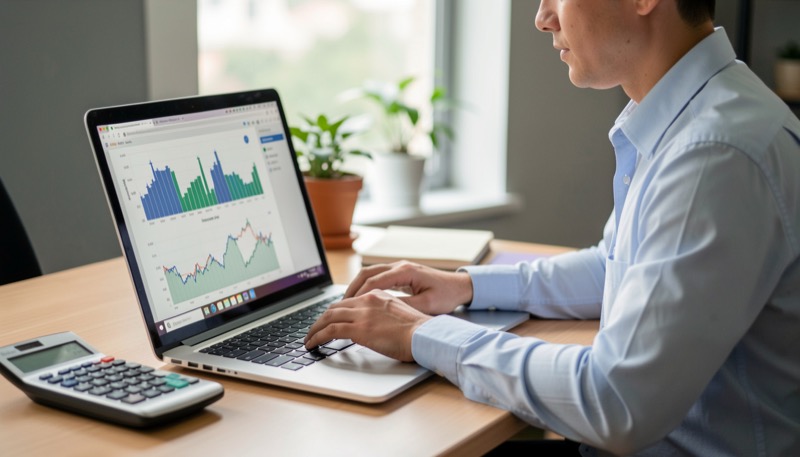 Impiegato che analizza dati su un laptop con calcolatrice sulla scrivania